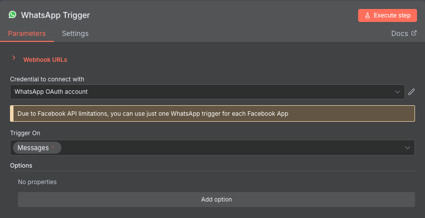 Das Konfigurationsmenü des Triggerknotens „WhatsApp On Message“