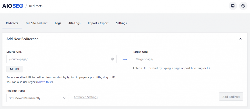 AIOSEO-Weiterleitungsbildschirm mit Feldern f&uuml;r Quell-URL, Ziel-URL und Typ
