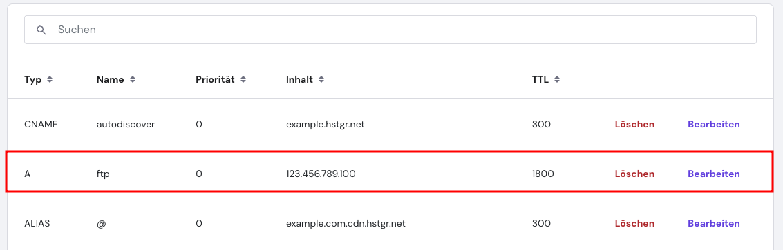 Ein A-Datensatz in hPanel