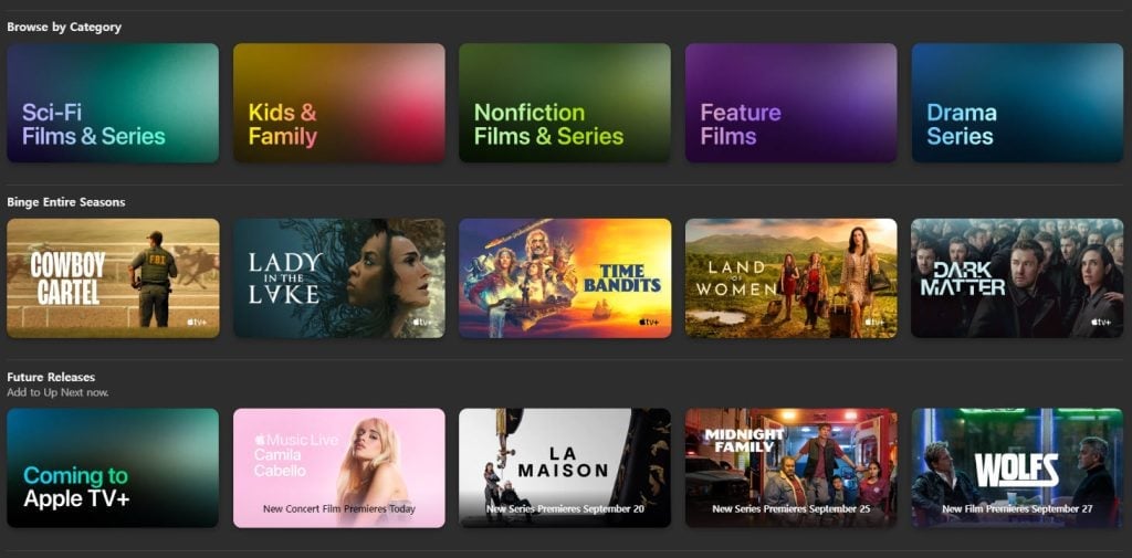 Screenshot des VOD-Katalogs von Apple, gruppiert in Kategorien und Genres, zeigt das vertraute Design, für das sich die meisten Streaming-Dienste entscheiden.