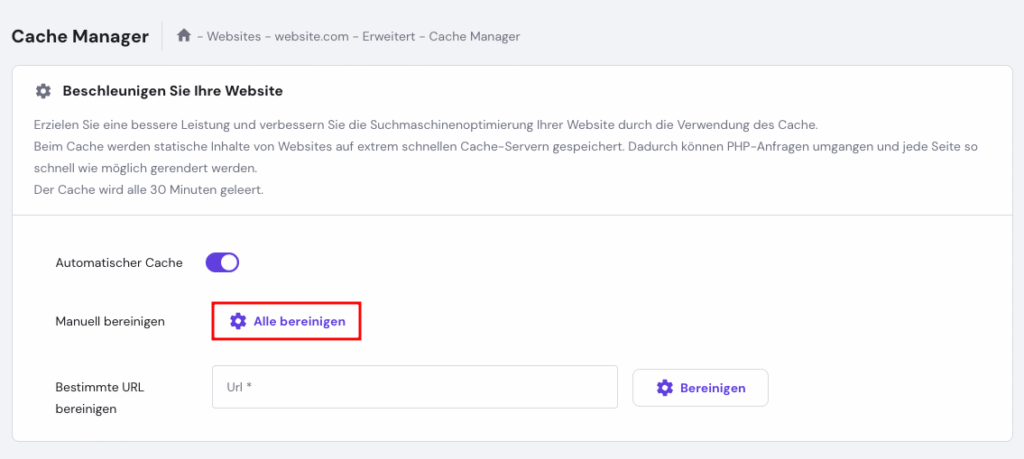 Die Schaltfläche Alle löschen auf der Seite Cache-Manager von hPanel
