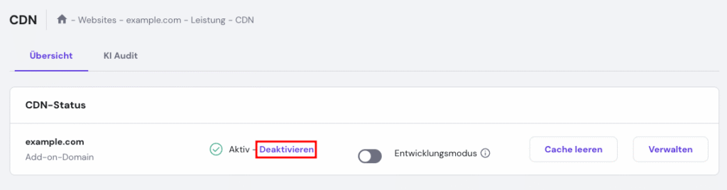 Die Schaltfläche Deaktivieren im CDN-Menü von hPanel