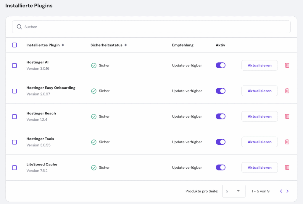 Der Abschnitt Installierte Plugins in hPanel