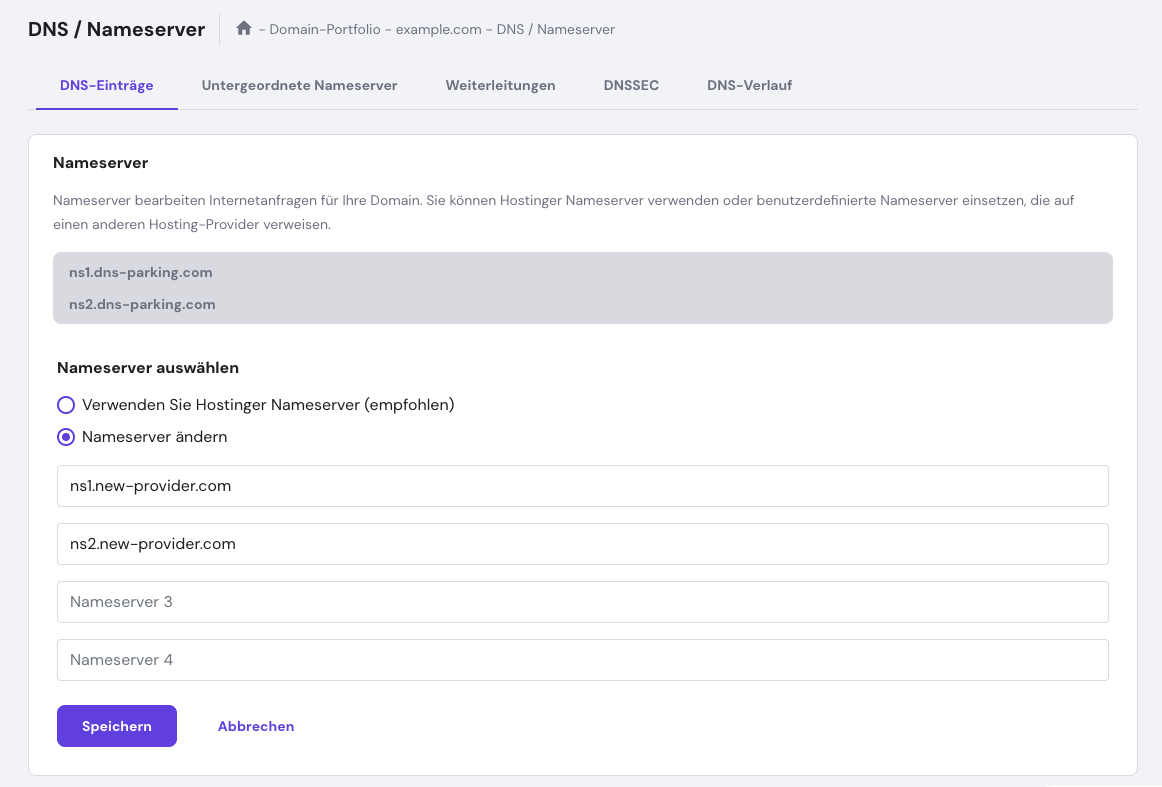 Die Optionen Nameserver auswählen in hPanel
