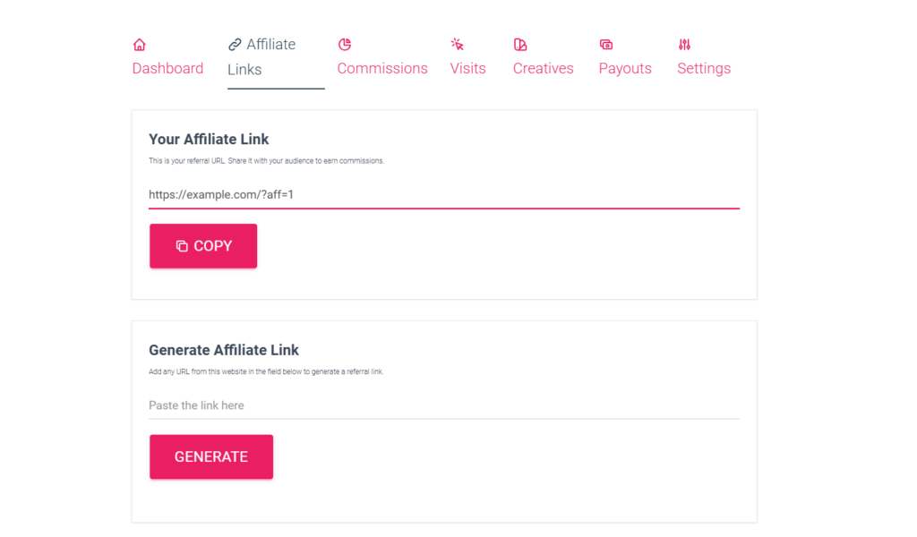 Die Registerkarte &bdquo;Affiliate-Link&ldquo; im Affiliate-Dashboard-Bereich von SliceWP