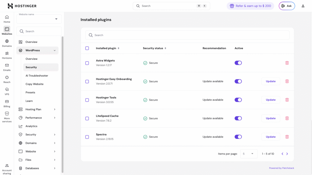 Die Liste der installierten WordPress-Plugins im hPanel von Hostinger