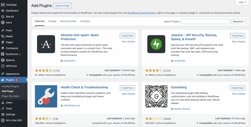 Das Menü „Plugin hinzufügen“ auf einem WordPress-Dashboard