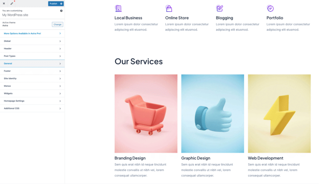WordPress-Customizer-Theme-Einstellungen-Live-Vorschau WordPress-Customizer-Seitenleiste mit Theme-Einstellungen und einer Live-Vorschau der Website auf der rechten Seite