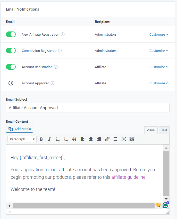 Der Bereich zur Anpassung der E-Mail-Benachrichtigungsnachricht in den Einstellungen von SliceWP