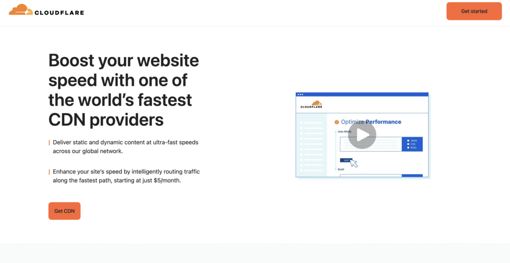 Cloudflare-Webseite, die CDN-Dienste zur Steigerung der Website-Geschwindigkeit bewirbt, mit einer Oberfl&auml;che zur Performance-Optimierung und einem Video.