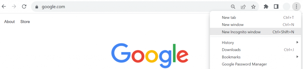 Das Menü „Neues Inkognito-Fenster“ des Chrome-Browsers, hervorgehoben