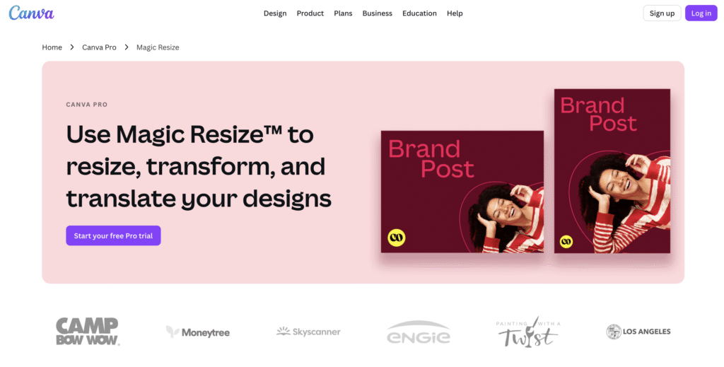Ein Werbebild für Canvas Funktion Magic Resize™ zeigt zwei Markenbeiträge vor pinkem Hintergrund sowie eine Schaltfläche mit der Aufschrift „Kostenlose Pro-Testversion starten“.