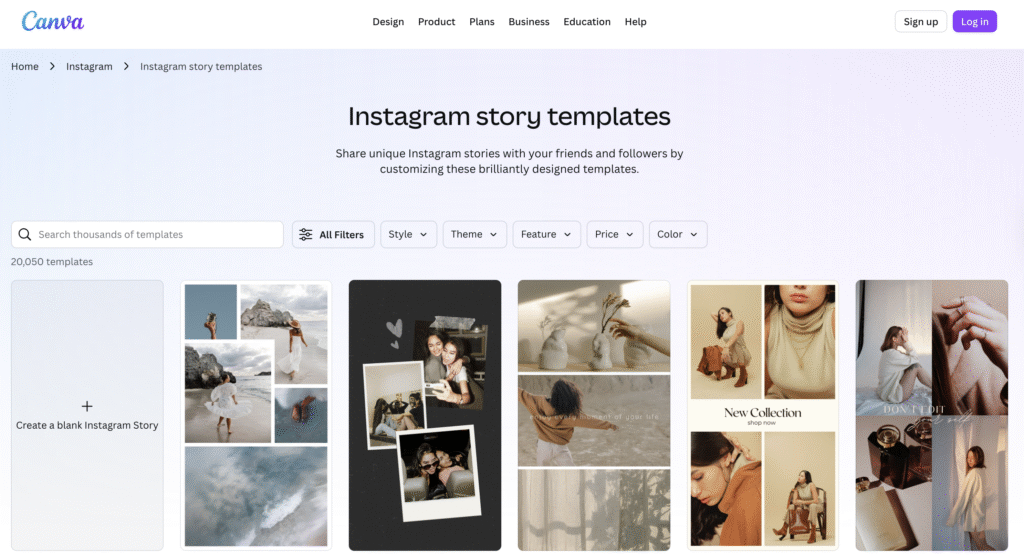 Eine Webseite, die verschiedene Instagram-Story-Vorlagen zur Anpassung präsentiert und dabei unterschiedliche Layouts und Designstile zeigt.