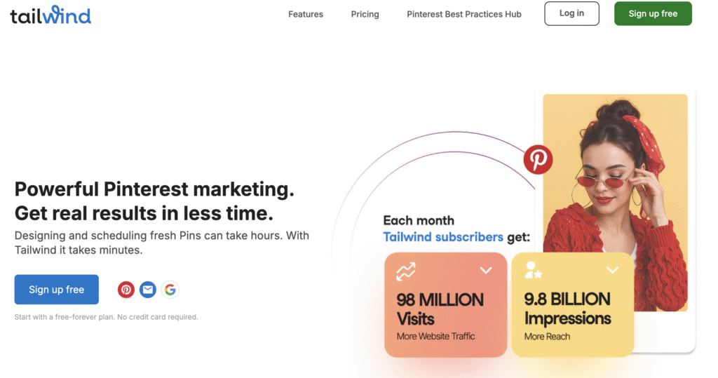 Tailwind-Webseite, die Pinterest-Marketing bewirbt. Eine Frau in Rot r&uuml;ckt ihre Sonnenbrille zurecht und symbolisiert die Effizienz von Tailwind. Der Text hebt 98 Millionen Besuche und 9,8 Milliarden Impressionen hervor. Registrieren-Button sichtbar.