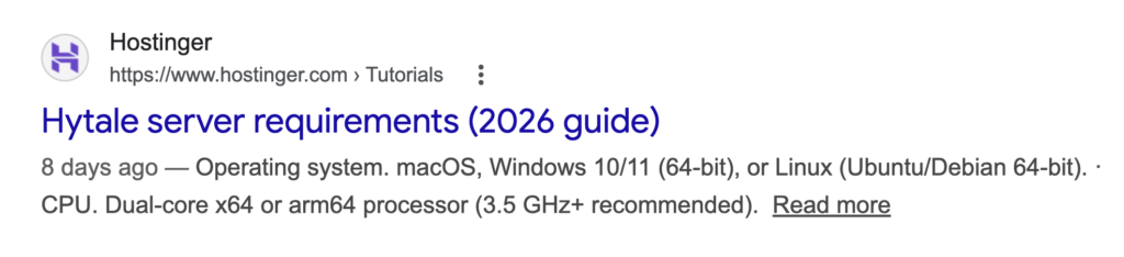 Google-Suchergebnis, das ein Hostinger-Tutorial mit Title-Tag und Meta-Beschreibung zeigt.
