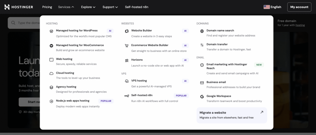 Dropdown-Men&uuml; von Hostinger, das &uuml;bersichtlich gegliederte Optionen f&uuml;r Hosting, Websites und Domains anzeigt.