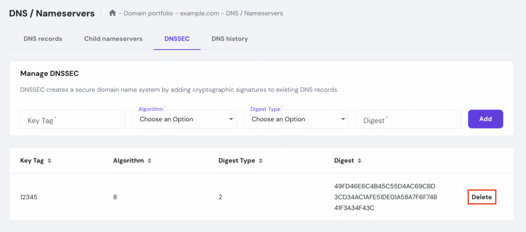 Die Schaltfl&auml;che &bdquo;L&ouml;schen&ldquo; im DNSSEC-Abschnitt von hPanel