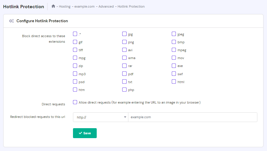 Das Men&uuml; **Hotlink Protection** in hPanel
