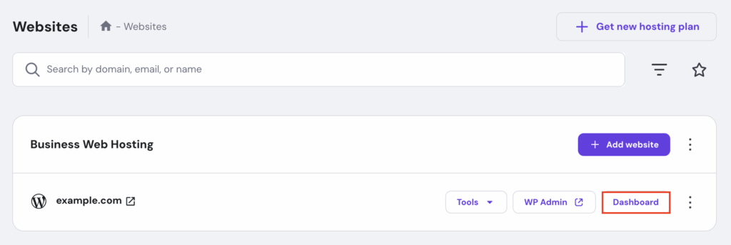 Das Websites-Menü von hPanel mit hervorgehobenem Dashboard