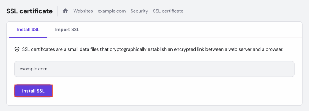 Das SSL-Zertifikatmenü von hPanel, in dem „Install SSL“ hervorgehoben ist.