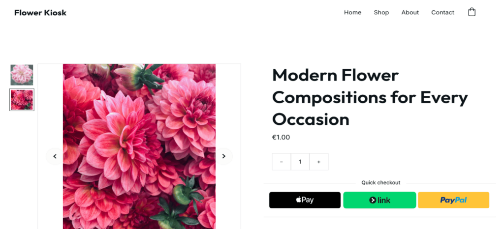 Mit dem Hostinger Website Builder erstellte Produktseite mit der Funktion &bdquo;Schneller Checkout&ldquo;