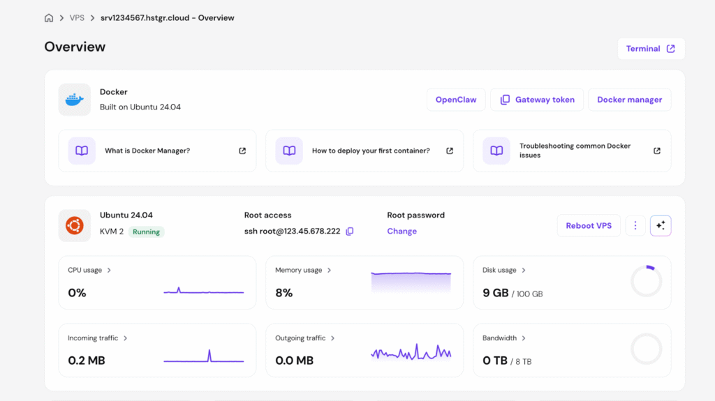 Hostinger Dashboard Docker &Uuml;bersicht