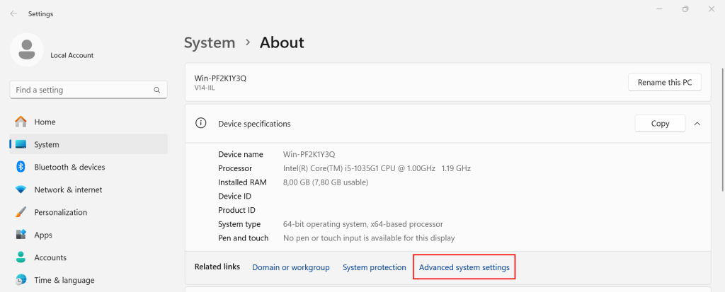 Windows-System, in dem das Men&uuml; &bdquo;Erweiterte Systemeinstellungen&ldquo; hervorgehoben ist.