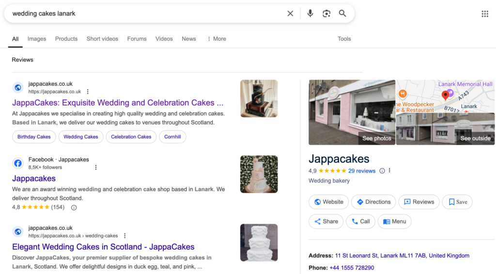 Google-Ergebnisse der Keyword-Suche &bdquo;wedding cakes lanark&ldquo;