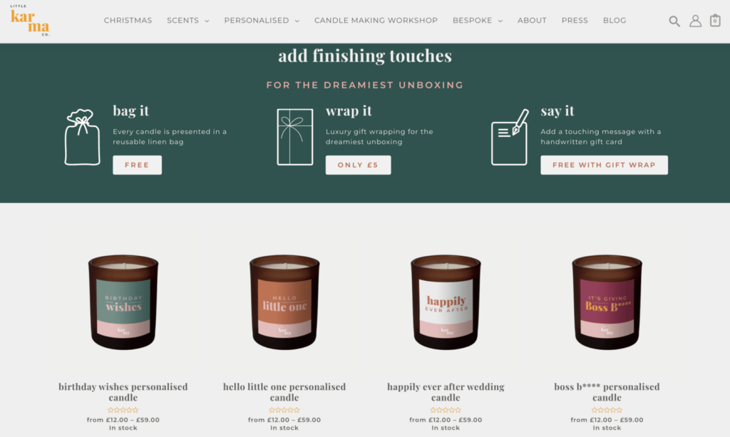 Seite f&uuml;r personalisierte Kerzen von Little Karma Co.