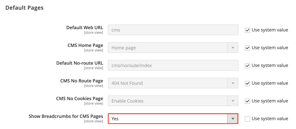 Magento-Adminbereich mit hervorgehobener Option &bdquo;Show Breadcrumbs for CMS Pages&ldquo; im Abschnitt &bdquo;Default Pages&ldquo;