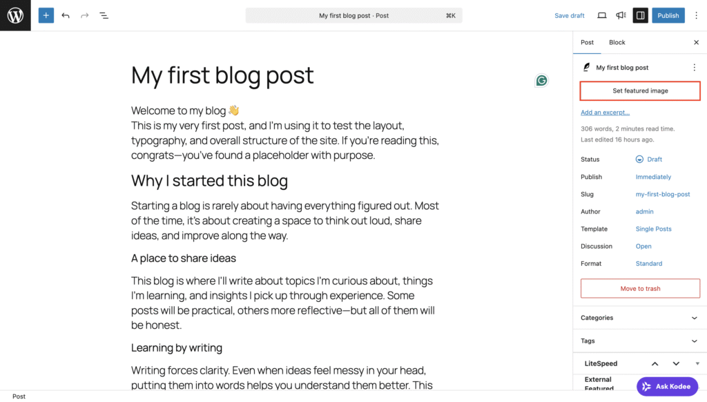 Das Men&uuml; &bdquo;Beitragsbild festlegen&ldquo; in den WordPress-Beitragseinstellungen