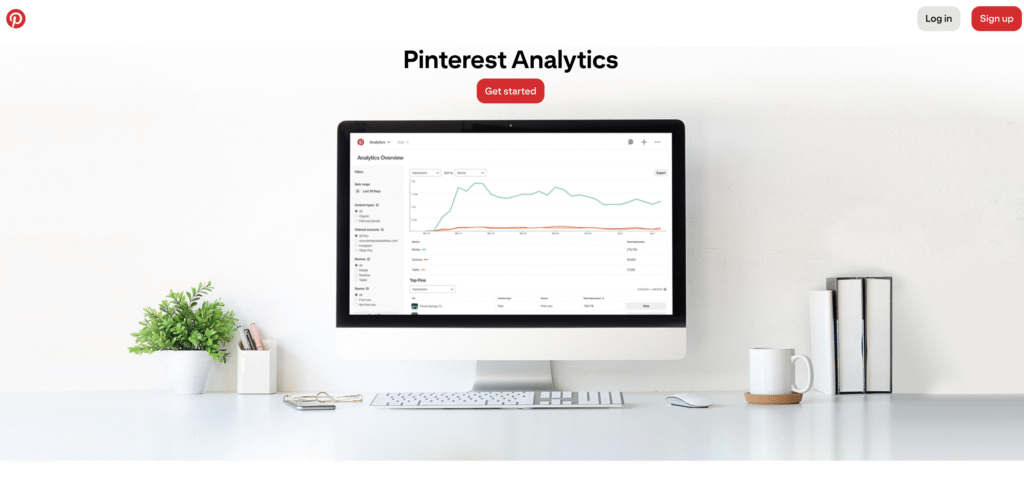 Ein Computermonitor, auf dem Pinterest Analytics mit Diagrammen und Kennzahlen zu sehen ist, umgeben von einer Pflanze und einer Tasse auf einem aufger&auml;umten Schreibtisch.
