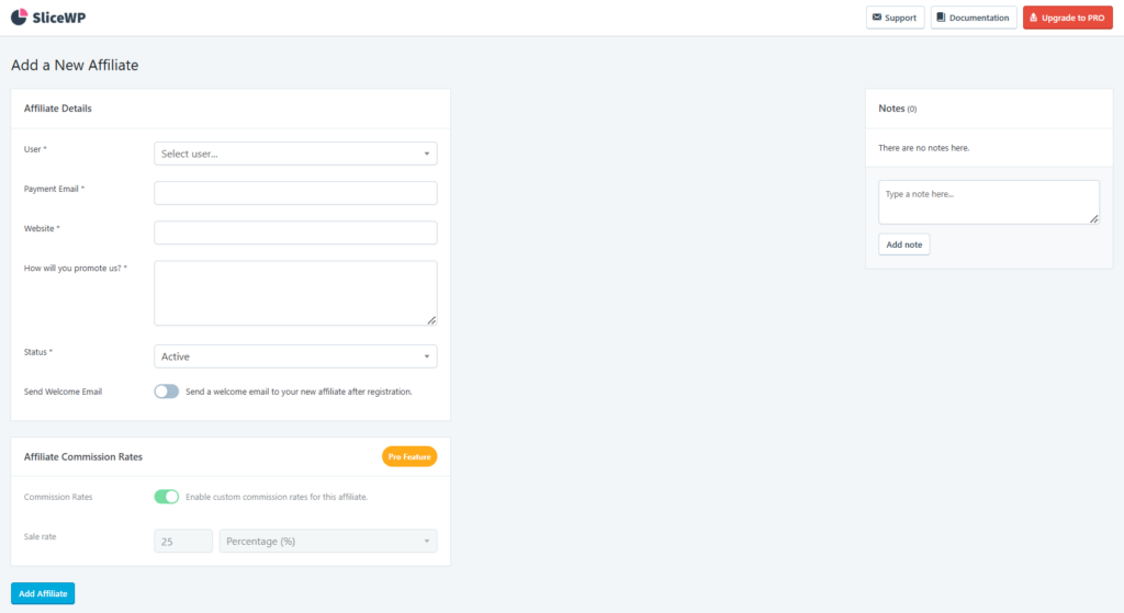 Die Seite &bdquo;Add New Affiliate&ldquo; in SliceWP