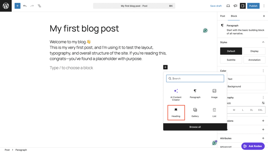 &Uuml;berschriftenblock im WordPress-Beitragseditor