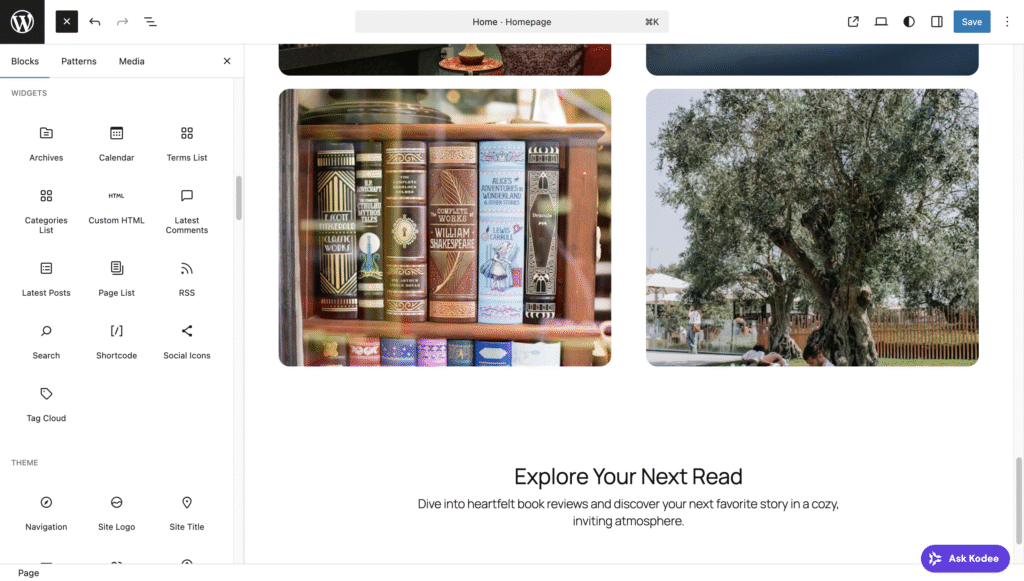 Der Abschnitt &bdquo;Widgets&ldquo; im Panel &bdquo;Alle WordPress‑Bl&ouml;cke&ldquo;
