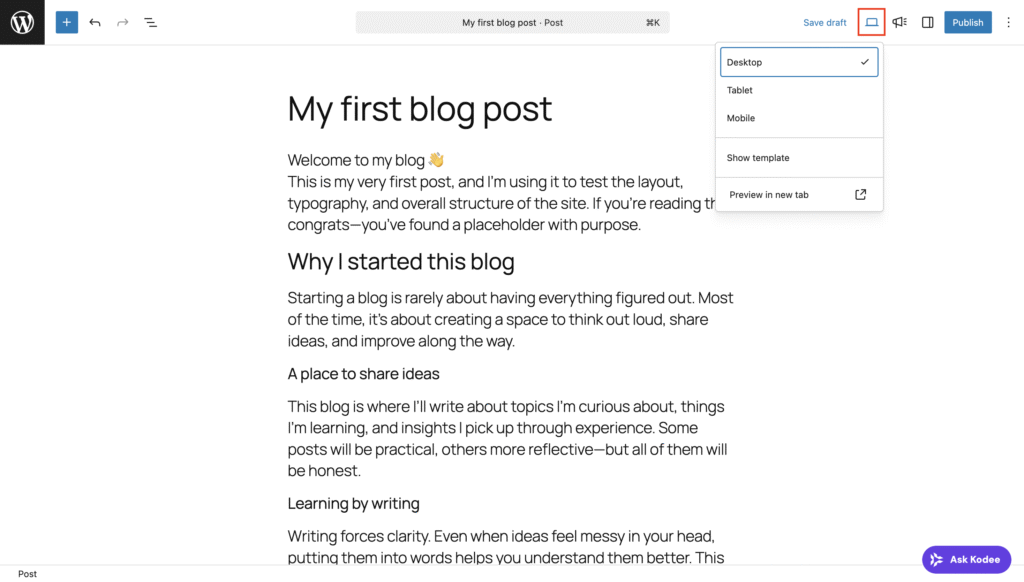 Vorschau-Symbol in der Symbolleiste des WordPress-Beitragseditors