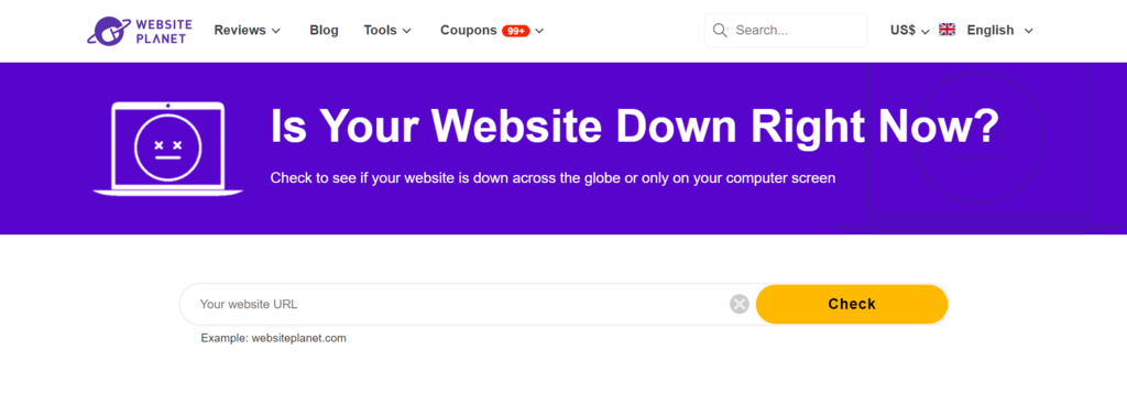 Die Webseite f&uuml;r das Tool &bdquo;Is Your Website Down Right Now?&ldquo; von Website Planet.