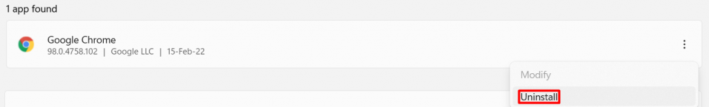 Die Schaltfl&auml;che &bdquo;Deinstallieren&ldquo; f&uuml;r Google Chrome unter Windows.