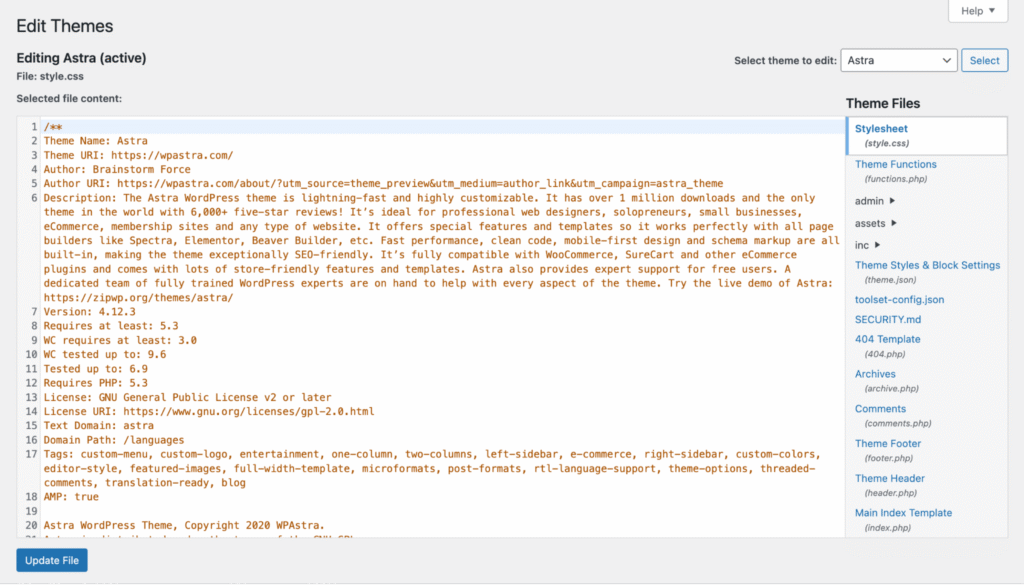 wordpress-theme-datei-editor-style-css-mit-seitenleiste WordPress-Theme-Datei-Editor mit der style.css eines Themes und der Seitenleiste der bearbeitbaren Dateien