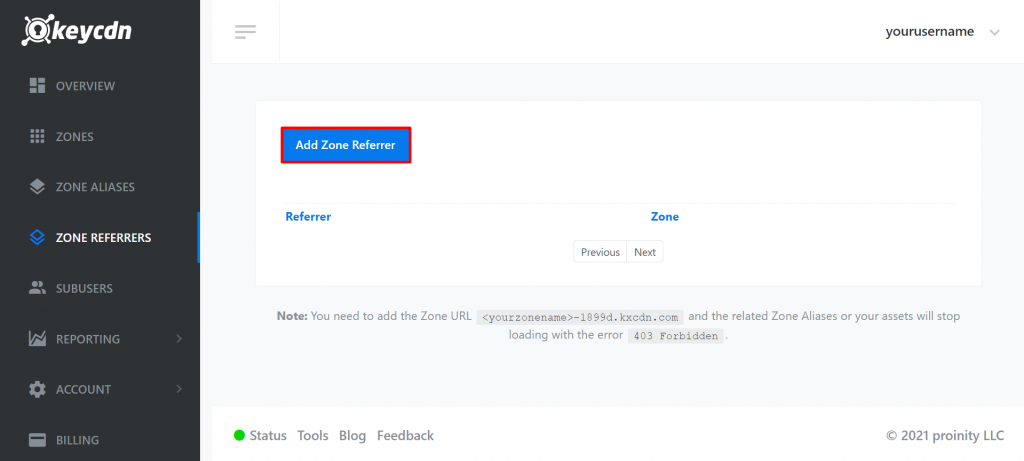 KeyCDN, mit Hervorhebung von &bdquo;Add Zone Referrer&ldquo;