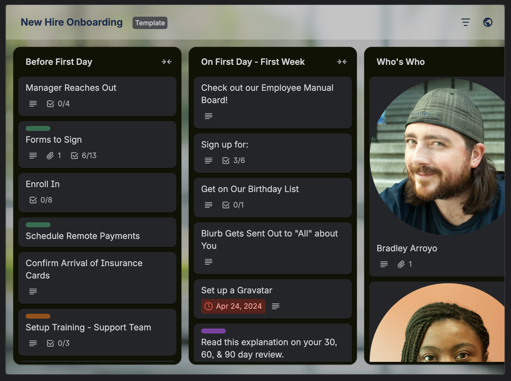 Screenshot der Trello-Vorlage für das Onboarding neuer Mitarbeiter