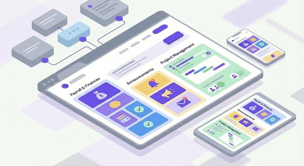 Illustration eines Mitarbeiterportals mit Bereichen für Gehaltsabrechnung und Finanzen, Ankündigungen sowie Projektmanagement