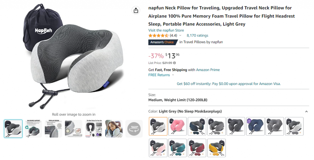 Eine Produktseite auf Amazon mit einem Foto eines Reisekissens f&uuml;r den Nacken aus dem napfun Store sowie dessen Preis, Bewertungen und Produktdetails.