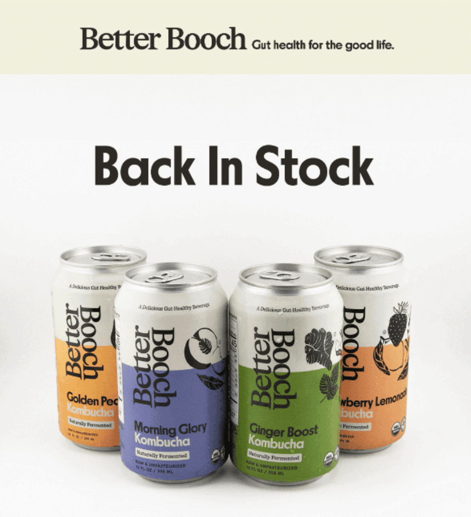 Werbe-E-Mail von Better Booch, die zeigt, dass die Getr&auml;nke wieder auf Lager sind