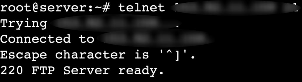 Die Ausgabe des Befehls telnet remote_server_ip 21 in der Telnet-Sitzung des Terminals
