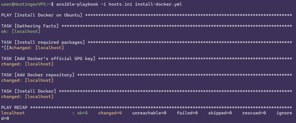 Die Ausgabe einer erfolgreich ausgeführten Ansible-Playbook-Ausführung.