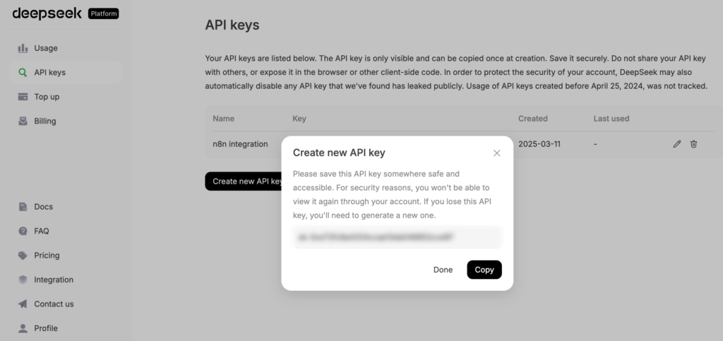 Der auf der DeepSeek-Platform-Website generierte API-Schl&uuml;ssel

