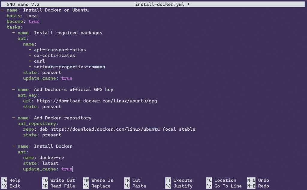 Endgültige Version des Ansible-Playbooks, geöffnet im Texteditor nano.