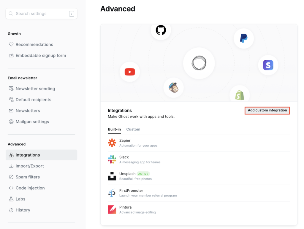 Die Schaltfl&auml;che &bdquo;Add custom integration&ldquo; im Ghost-Admin-Dashboard
