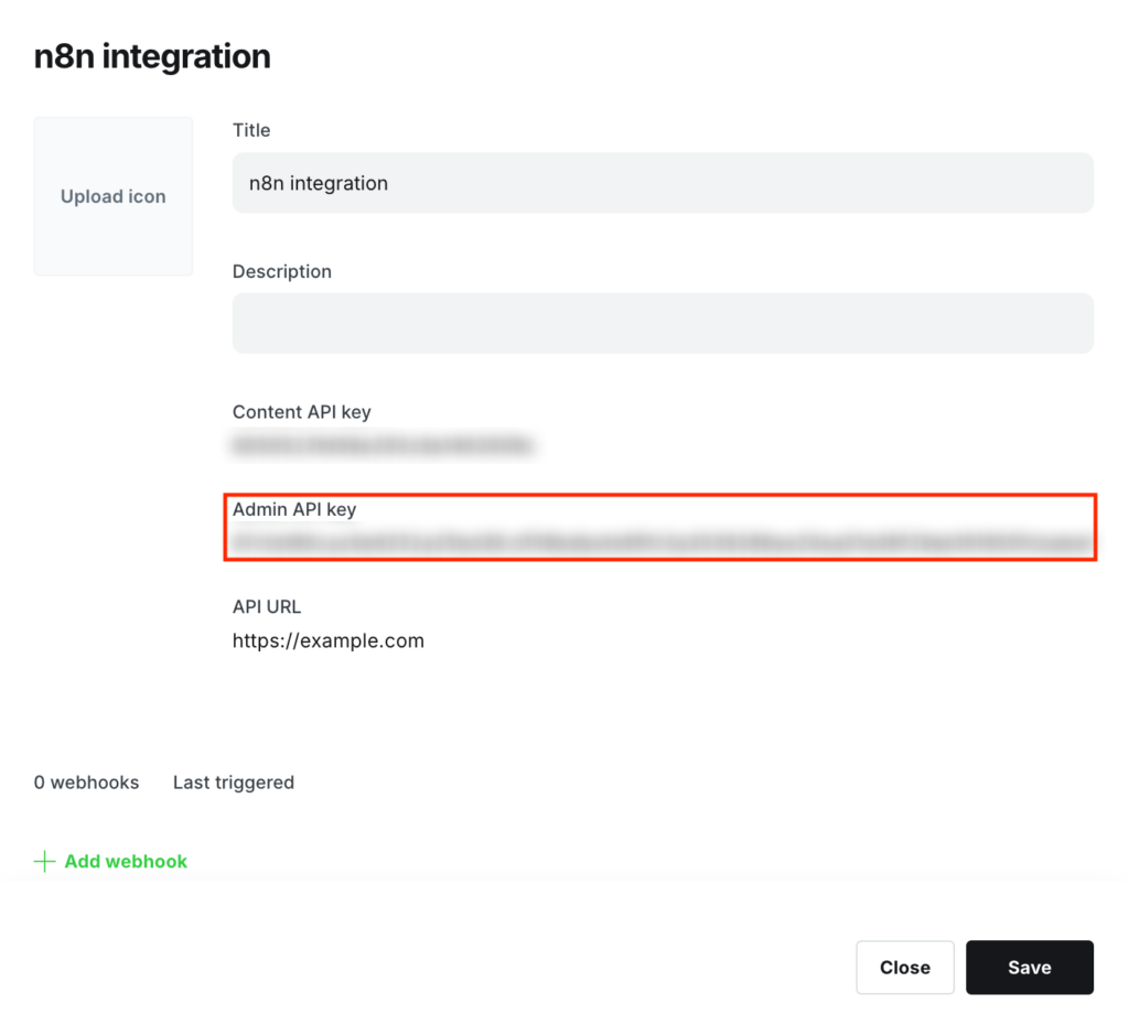 Der generierte Admin-API-Schl&uuml;ssel im Ghost-Admin-Dashboard
